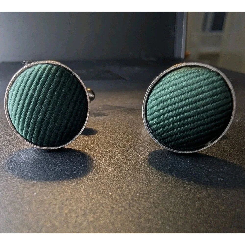 Fabric Covered Cufflinks Lot of 2 Round Vintage Look Green Plaid Blue Pattern